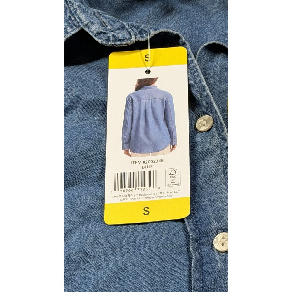 Frye Women's Puffed Sleeve Denim Top Shirt Size small Button Up Medium Wash NEW - Picture 3 of 3